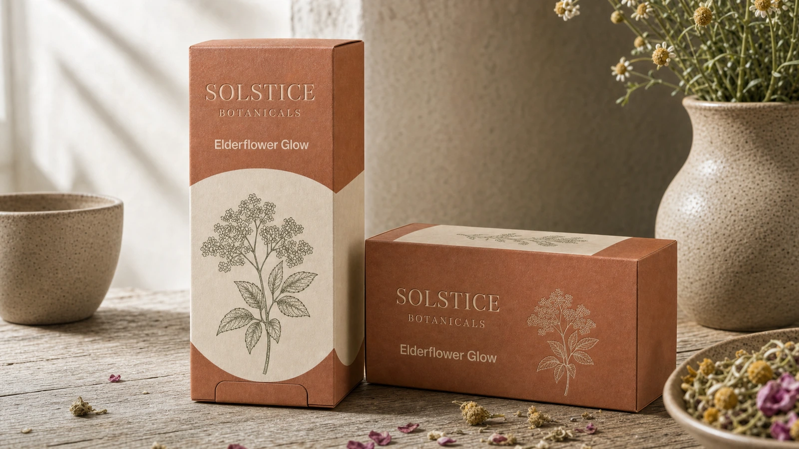 Due scatole con stampa botanica esposte in verticale e in orizzontale su un tavolo