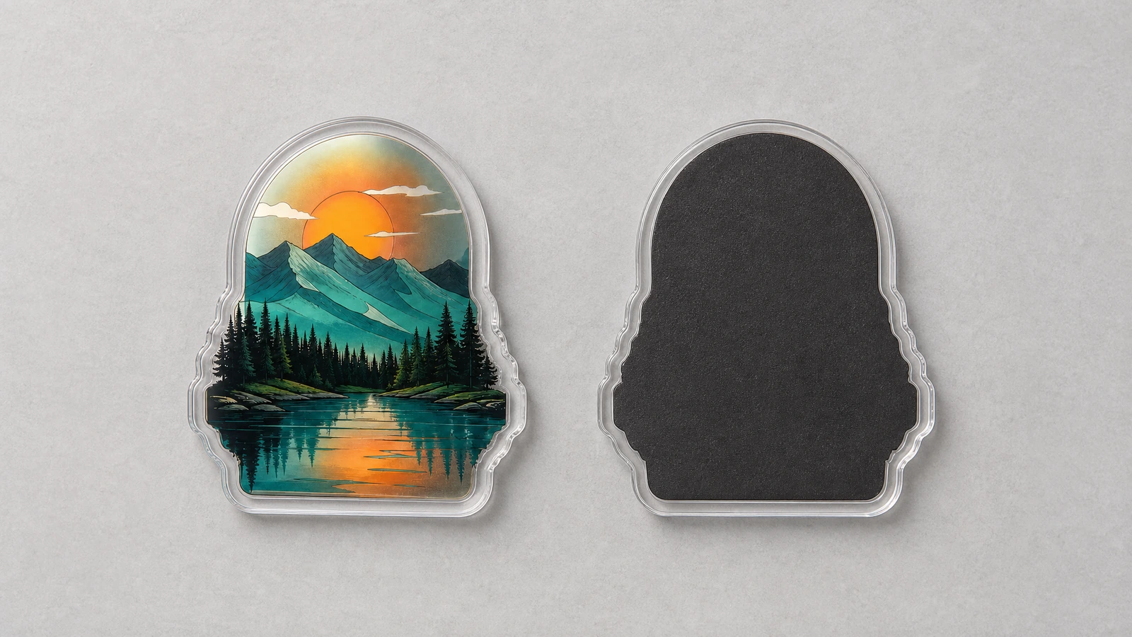 Vista frontale e vista del retro nero di un magnete in acrilico di formato orizzontale