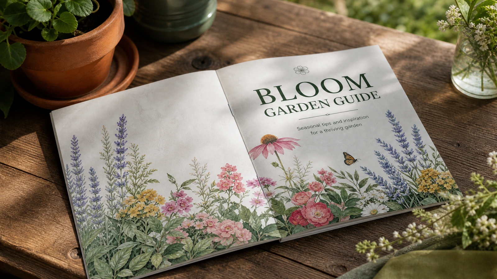 Copertina floreale aperta della guida al giardinaggio su un tavolo di legno
