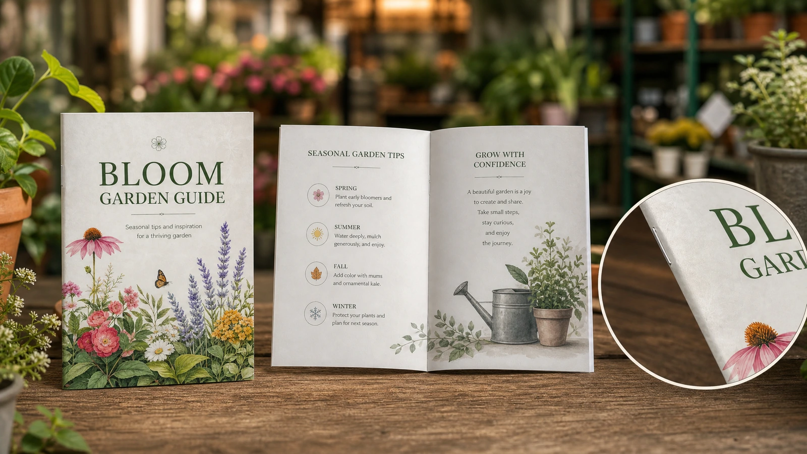 Copertina e interno aperto dell'opuscolo guida al giardinaggio con un dettaglio ingrandito del bordo delle pagine