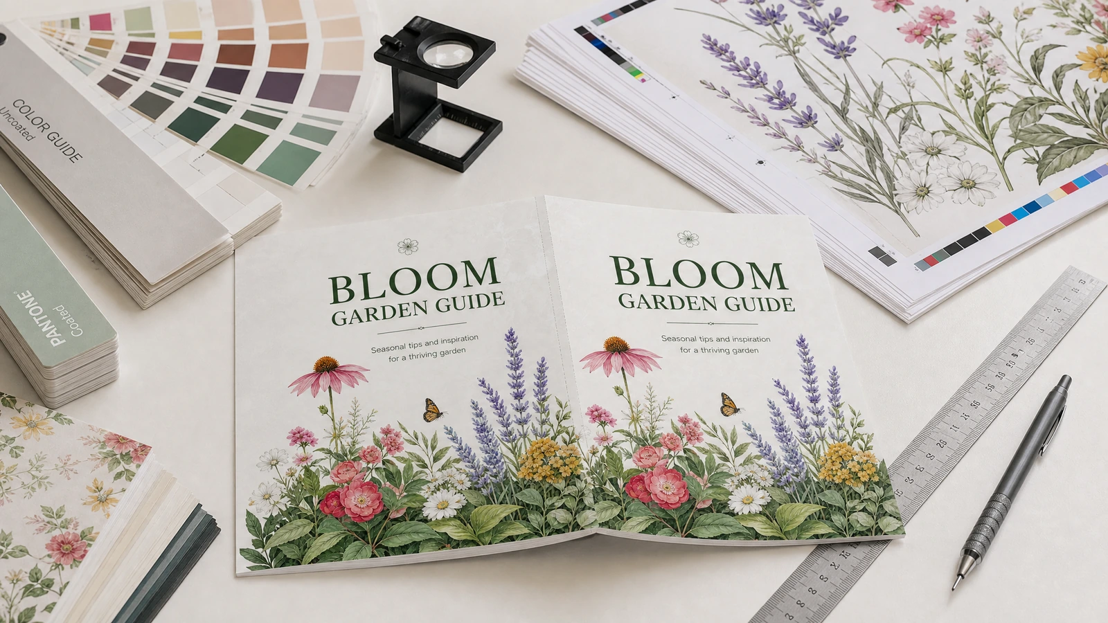 Copertine e fogli stampati della guida al giardinaggio accanto a campioni di colore, un righello e una lente da stampatore