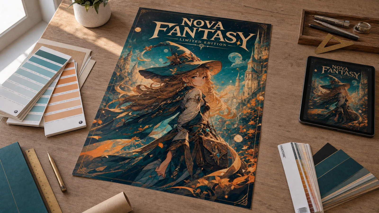 Grafica del poster fantasy e pianificazione del colore Poster d'arte fantasy su una scrivania accanto a un tablet, campioni di colore e strumenti da disegno