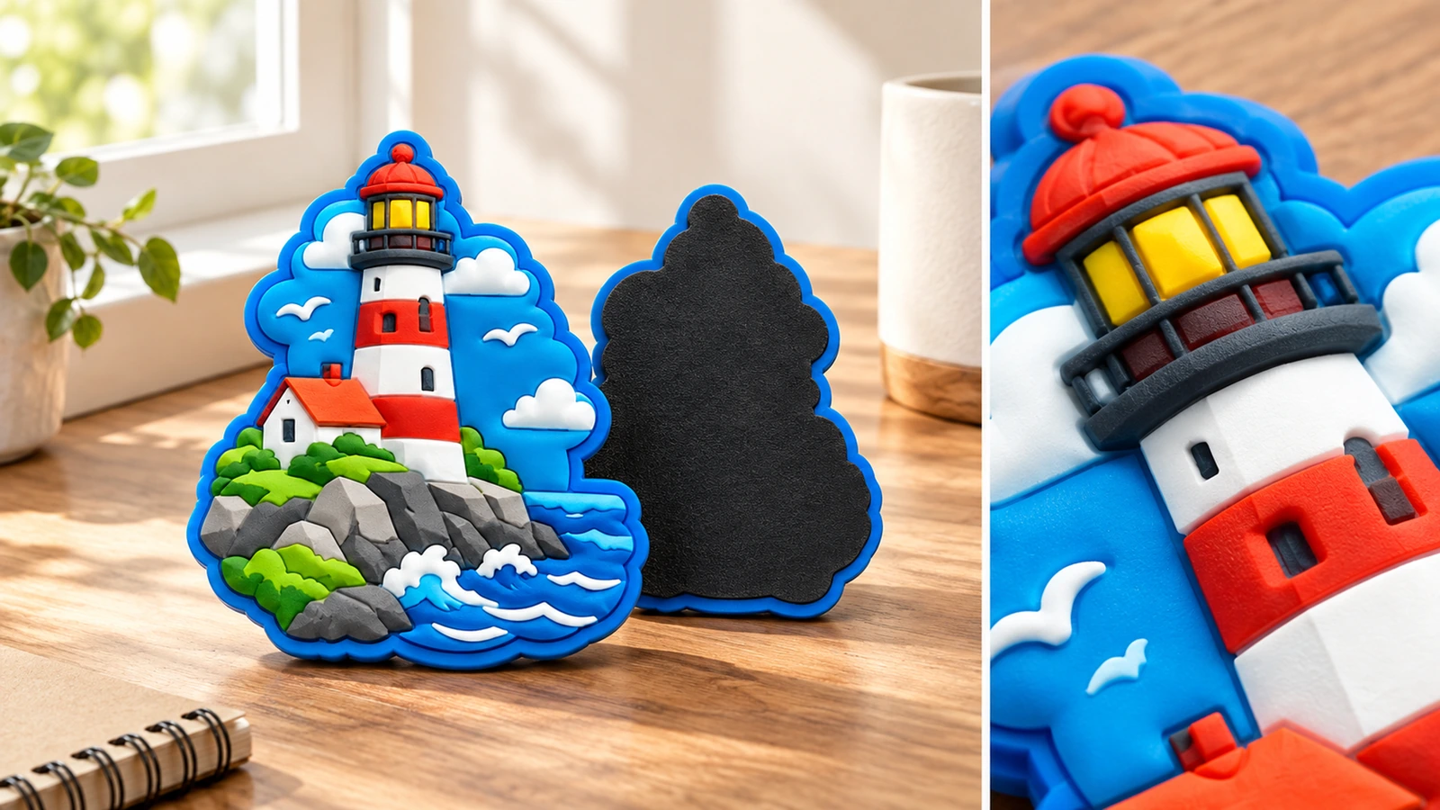 Magnete a faro, fronte e retro nero, su un tavolo accanto a un primo piano del rilievo del faro