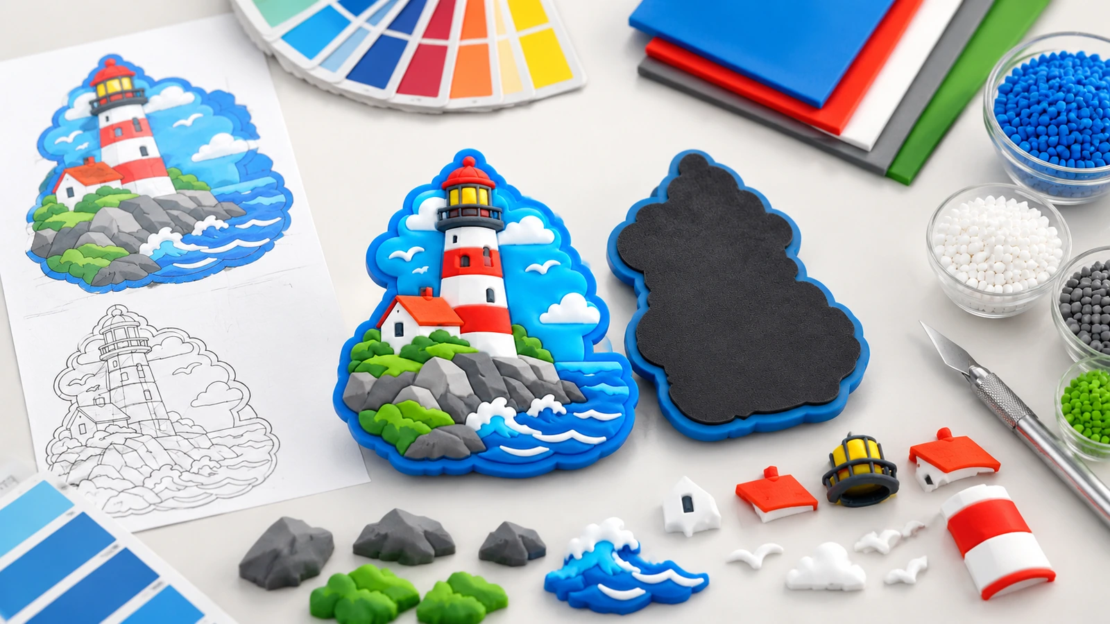 Magnete illustrativo a forma di faro con grafica, campioni di colore, retro nero e pezzi decorativi separati