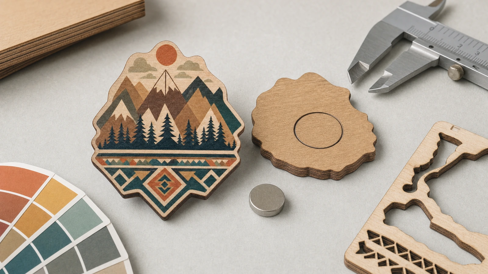 Magnete in legno con disegno di montagna illustrativo, retro del pezzo, magnete sciolto e calibro su un piano di lavoro
