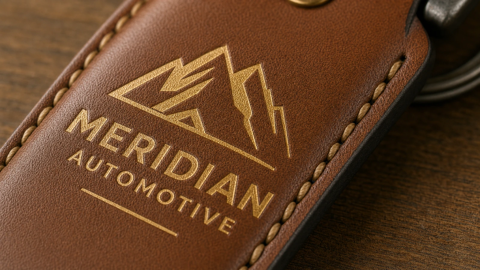 Primo piano di un portachiavi marrone cucito con un emblema di montagna color oro e la scritta Meridian Automotive