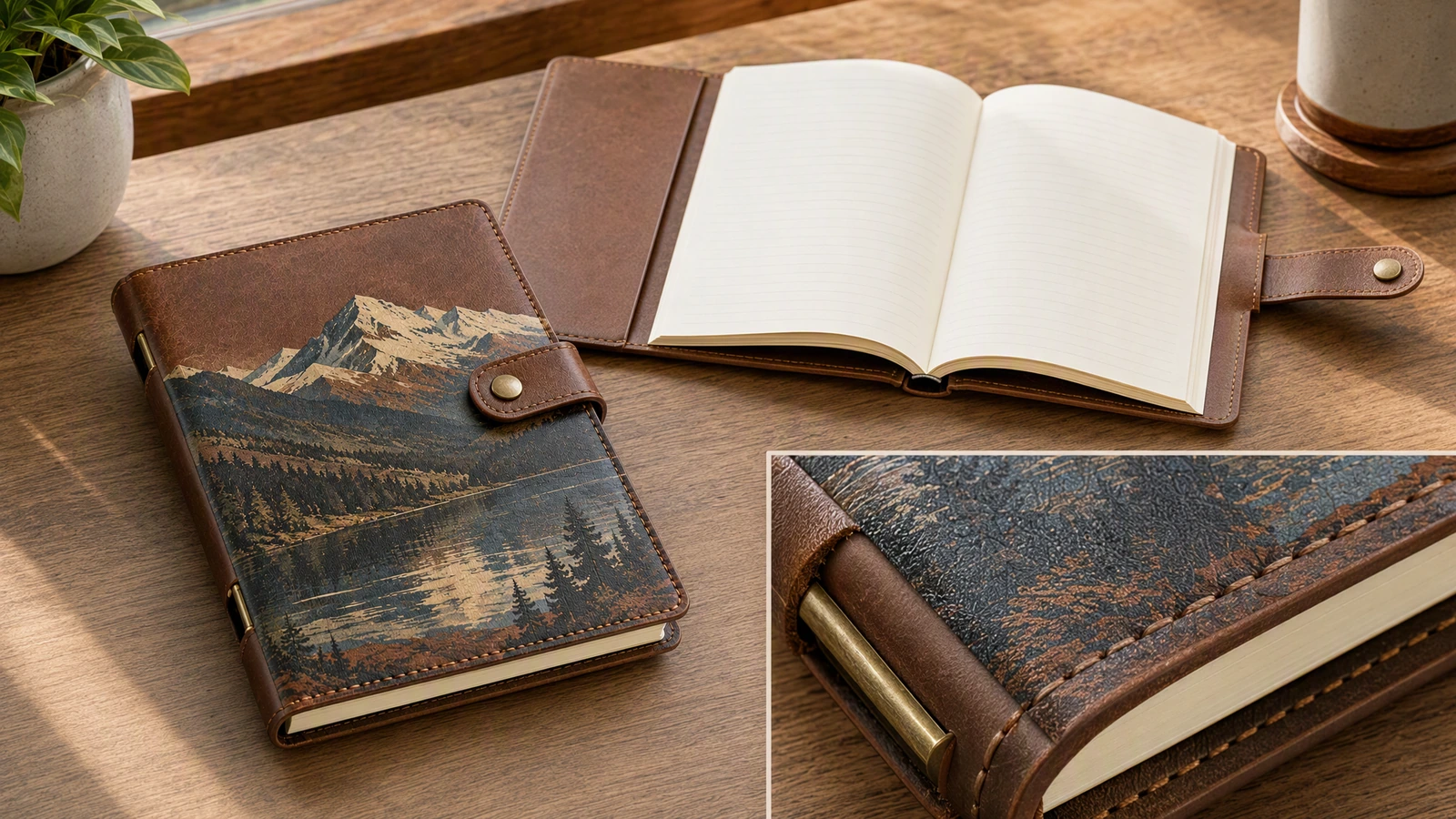 Illustrazione di un taccuino chiuso con stampa di montagne accanto a un inserto aperto in stile libro, con un dettaglio dei bordi cuciti in un riquadro