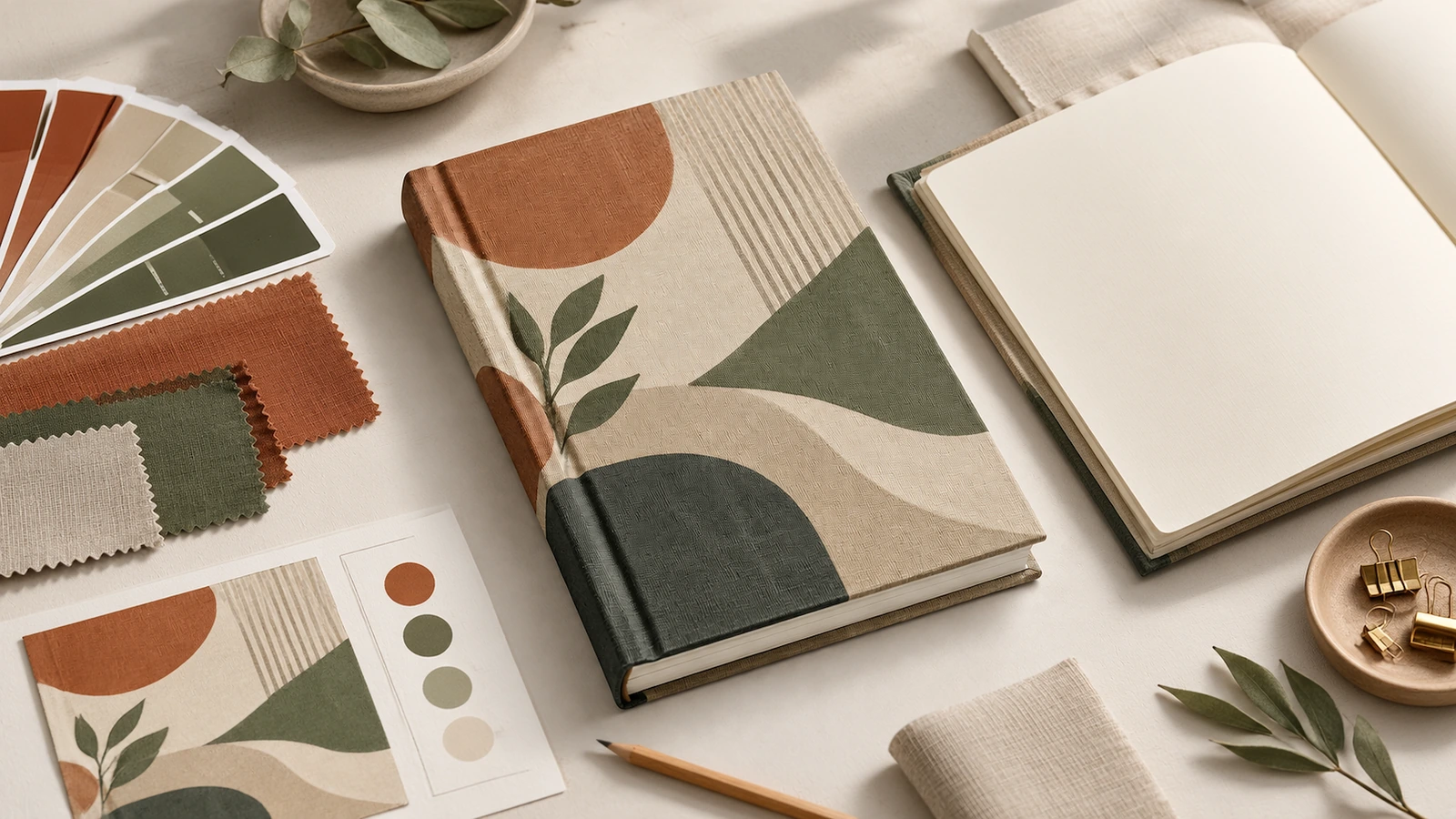 Concept di design di quaderno con copertina in tessuto Esempio illustrativo di quaderno con copertina in tessuto a motivi e quaderno bianco aperto accanto a campioni di stoffa e riferimenti cromatici