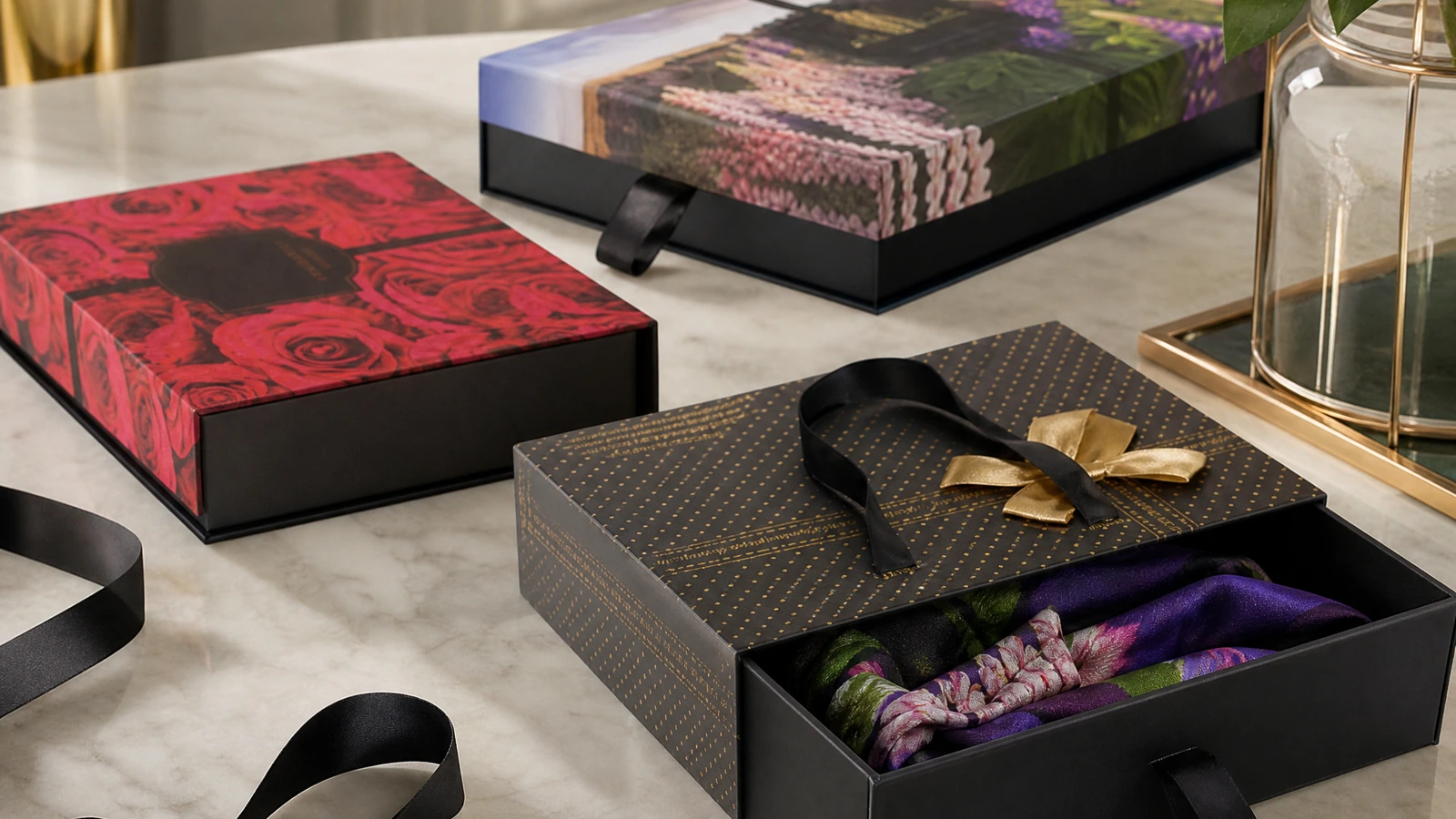 Scatole in stile cassetto decorate con motivi floreali e nastro, inclusa una vaschetta aperta con tessuto all'interno