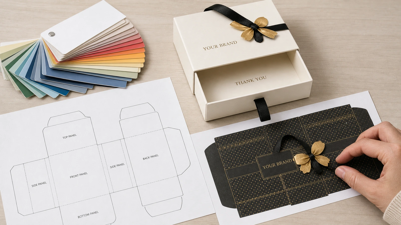 Bozza grafica con campioni di colore, un avvolgimento stampato piatto e una vaschetta aperta di scatola regalo