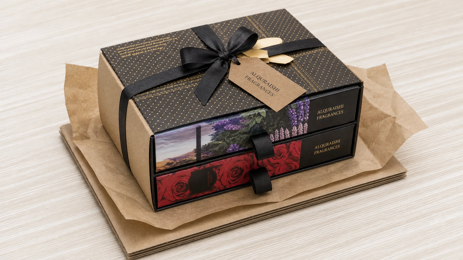 Tre scatole regalo in stile cassetto impilate su carta kraft, con nastro e cartellino regalo