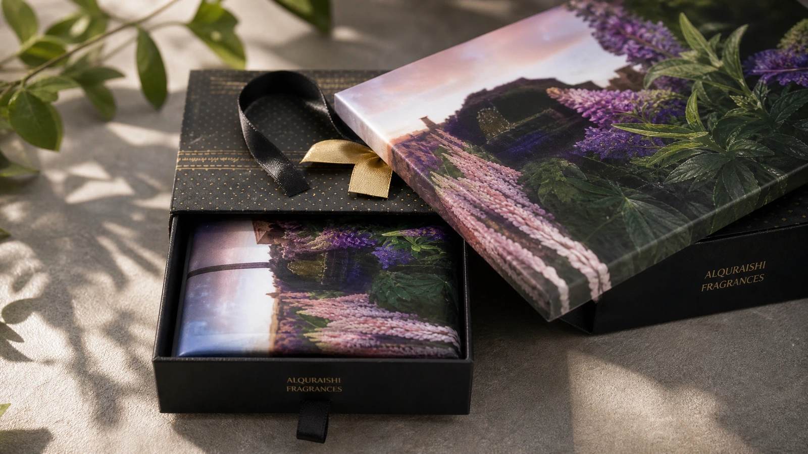 Scatola regalo aperta in stile cassetto con stampa floreale e un oggetto stampato coordinato all'interno