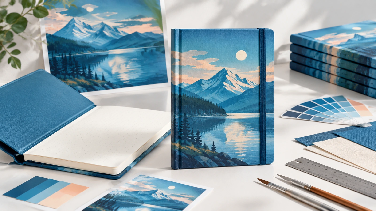Illustrazione esemplificativa di quaderni con copertina rigida e paesaggio lacustre di montagna accanto a grafiche stampate, campioni colore e strumenti di progettazione