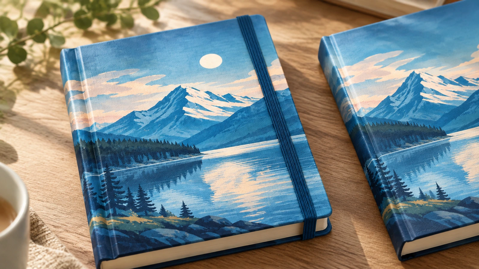 Illustrazione esemplificativa di quaderni con copertina rigida e paesaggio lacustre di montagna su un tavolo di legno