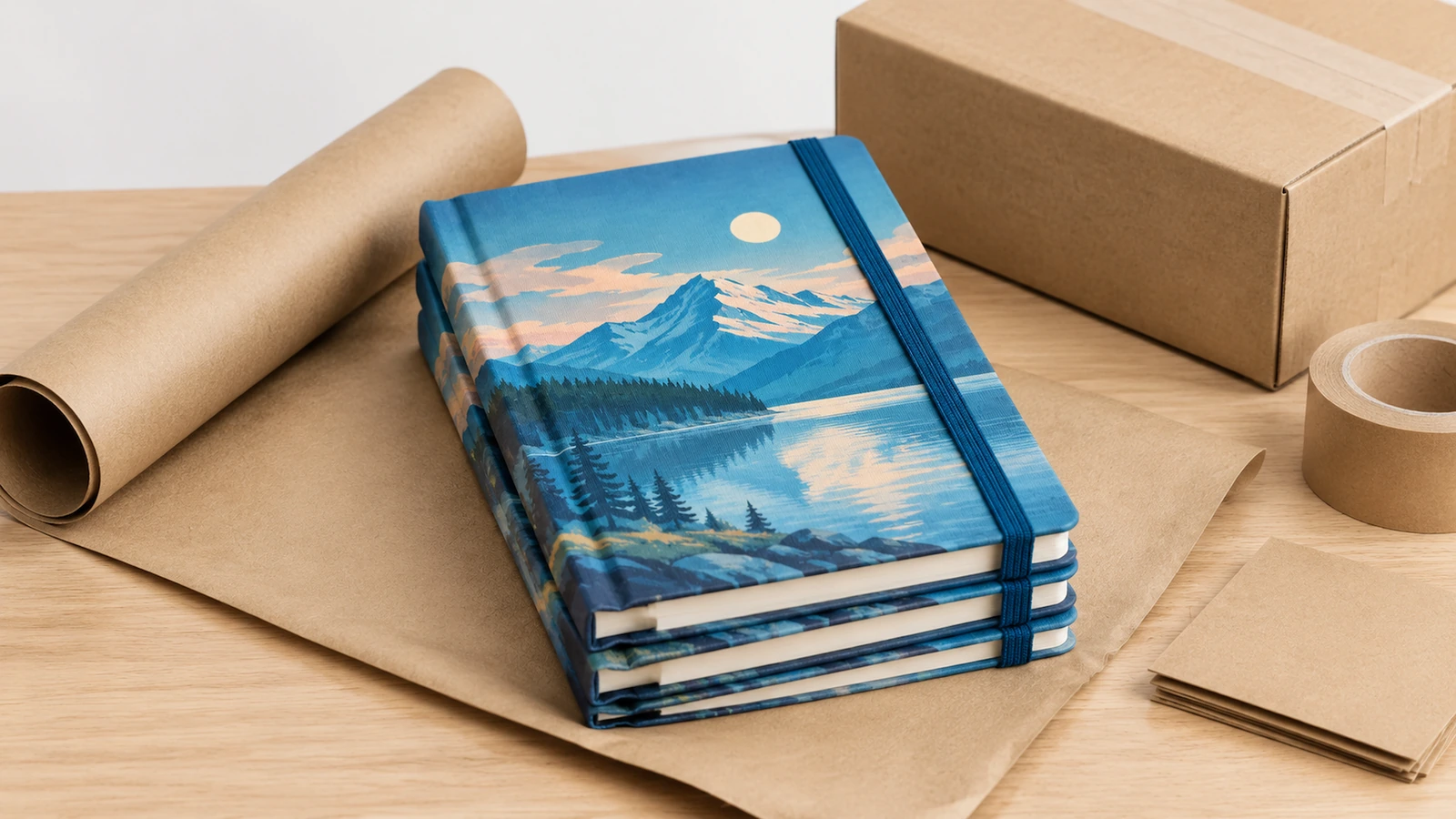 Illustrazione esemplificativa di una pila di quaderni con paesaggio lacustre di montagna accanto a una scatola di cartone e a carta kraft da imballaggio