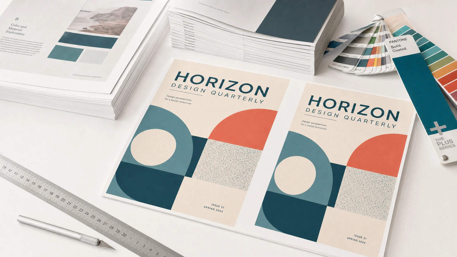 Riviste di design e fogli di stampa accanto a campioni di colore, un righello e strumenti da disegno
