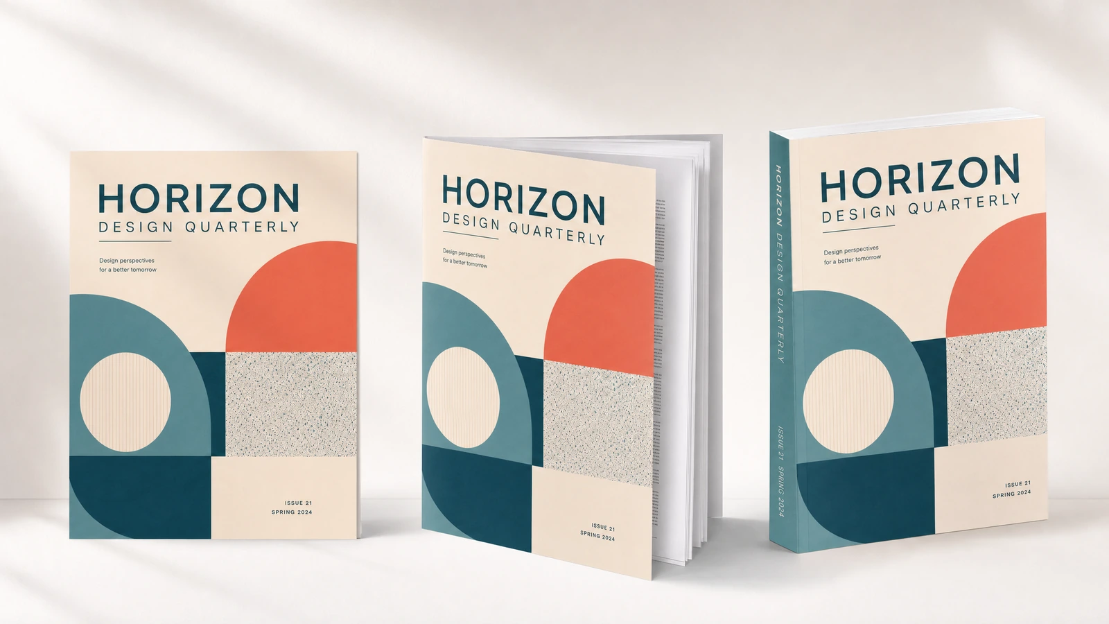 Tre copie di riviste di design che mostrano copertine, tagli delle pagine e un blocco di pagine aperto