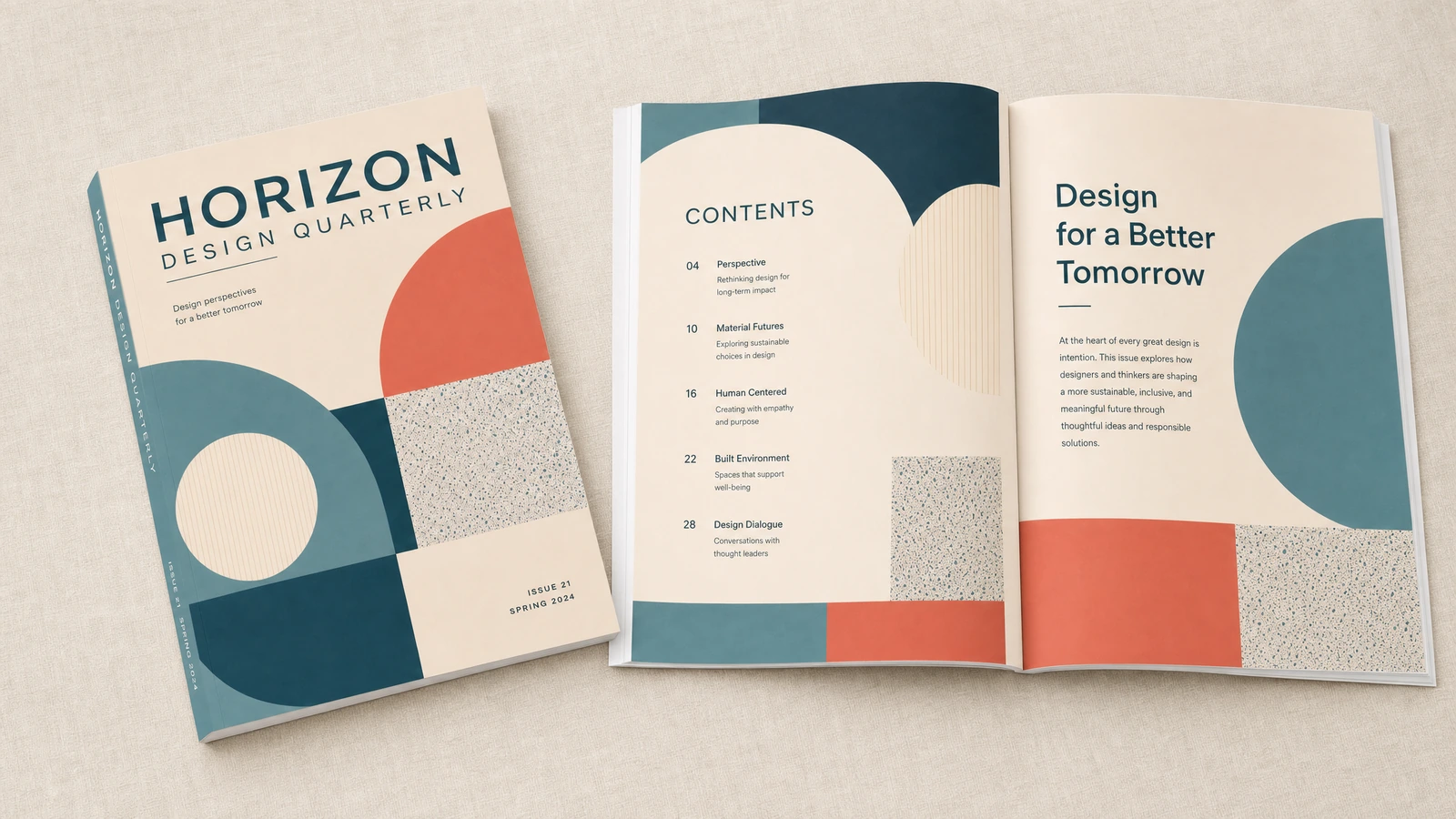 Rivista di design chiusa accanto a un indice e a una doppia pagina redazionale aperta