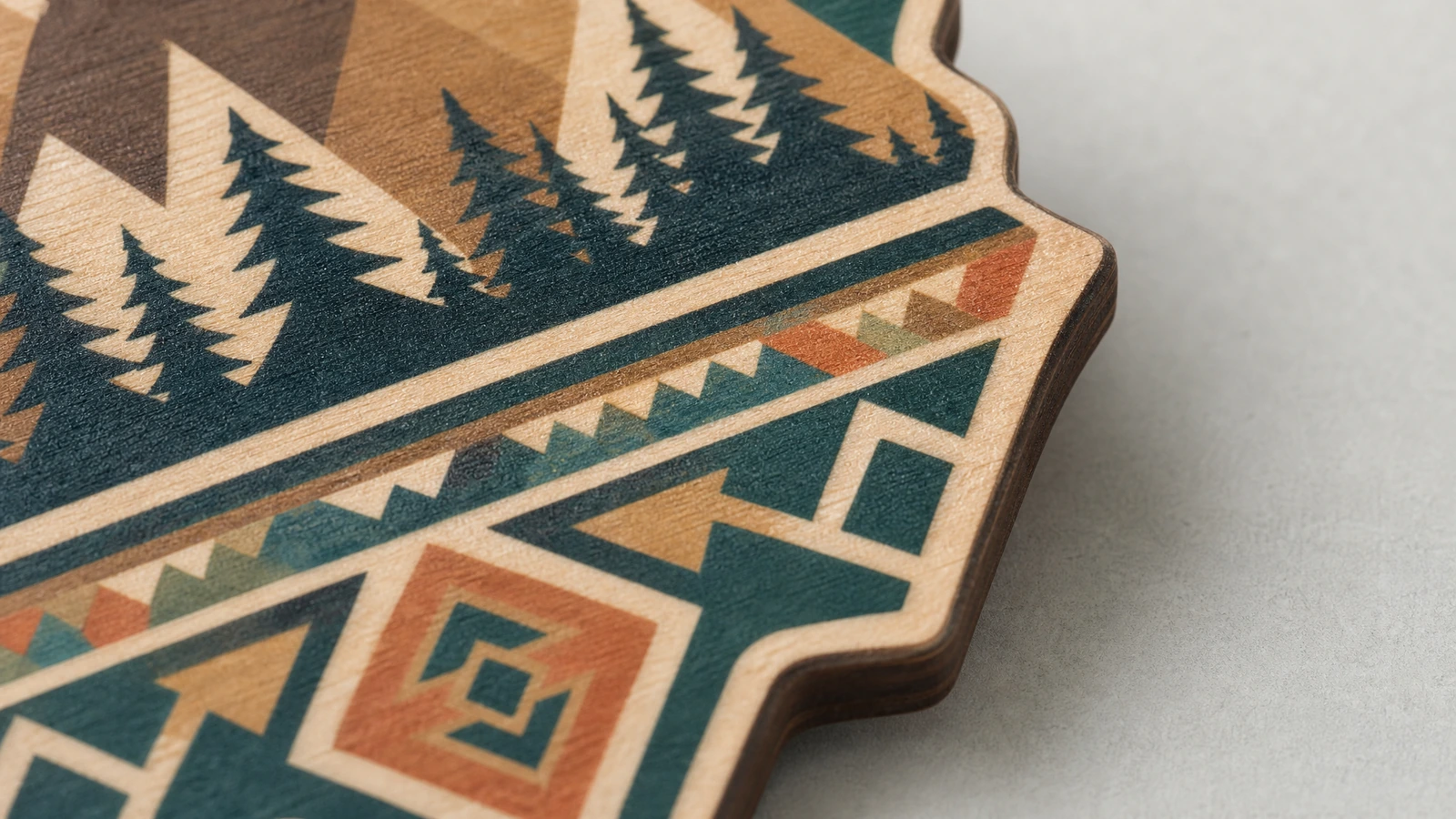 Primo piano illustrativo di una grafica colorata con montagne e motivi geometrici su una faccia in legno sagomata