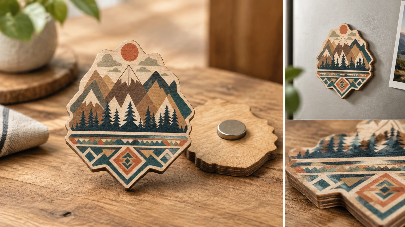 Collage illustrativo del fronte e del retro di un magnete in legno, del posizionamento sul frigorifero e del dettaglio del bordo