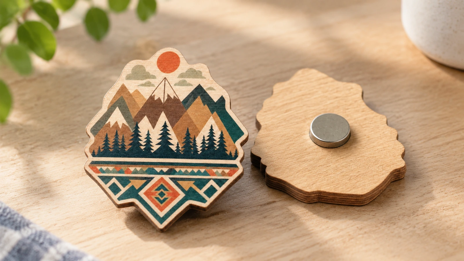 Magnete in legno con disegno di montagna illustrativo e retro con magnete rotondo su una superficie di legno
