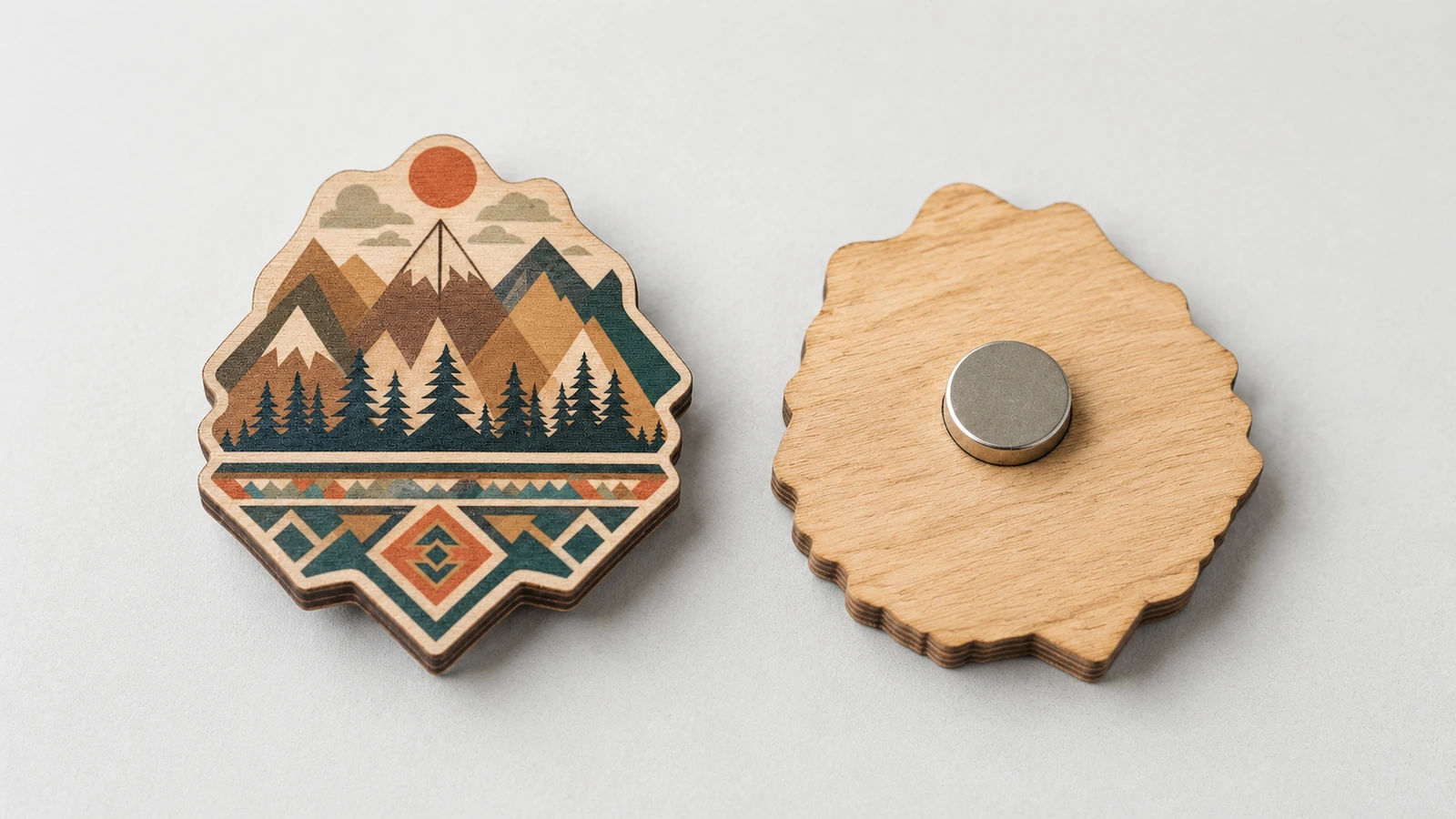 Fronte e retro illustrativi di un magnete in legno con disegno di montagna e magnete di supporto rotondo