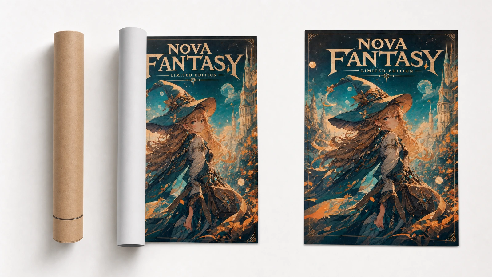 Viste di poster arrotolato e piatto Tubo per la spedizione di poster accanto a una stampa parzialmente arrotolata e a un poster fantasy piatto