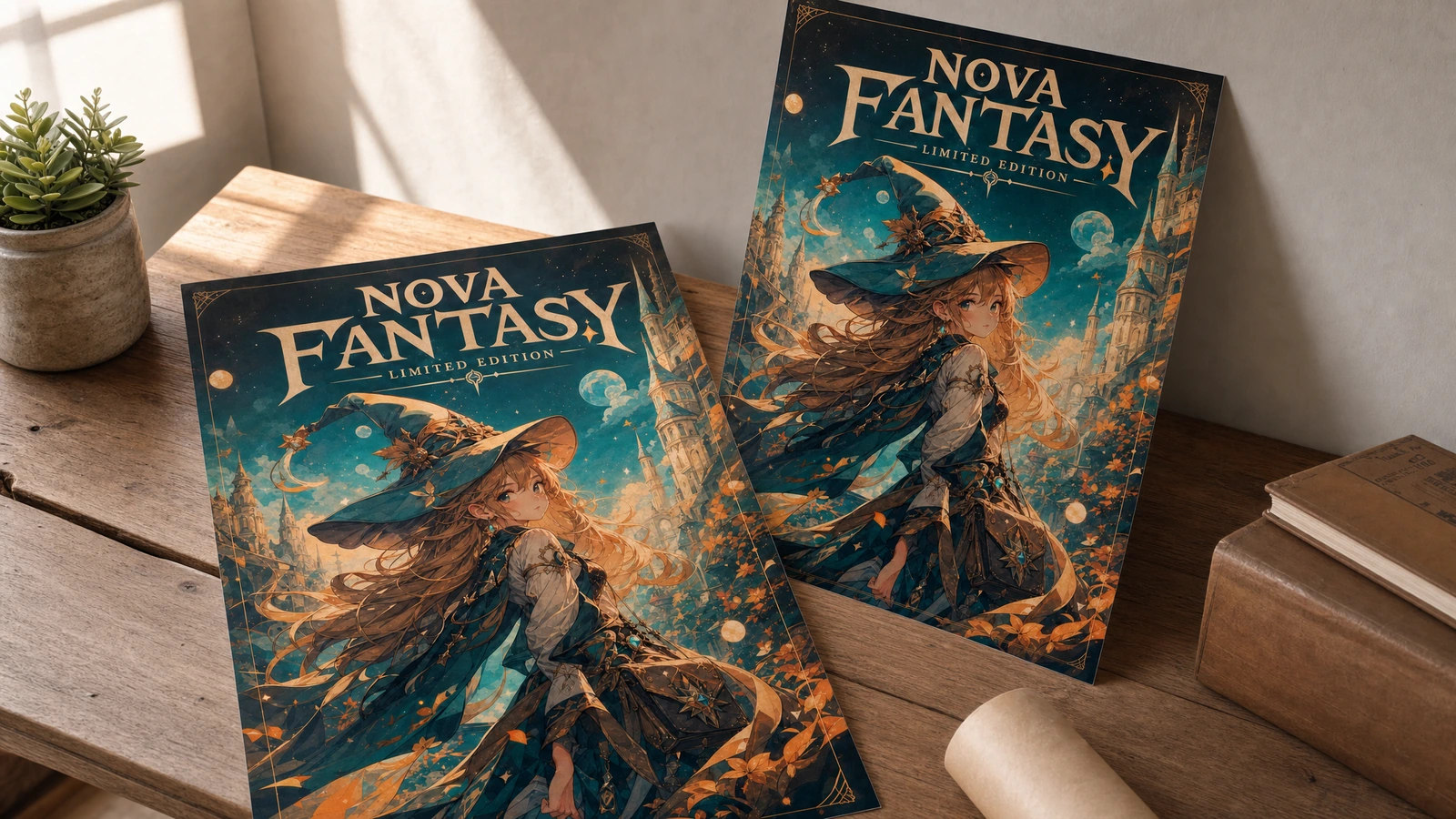Espositore da tavolo con poster fantasy Due poster d'arte fantasy appoggiati a una scrivania accanto a un rotolo di carta