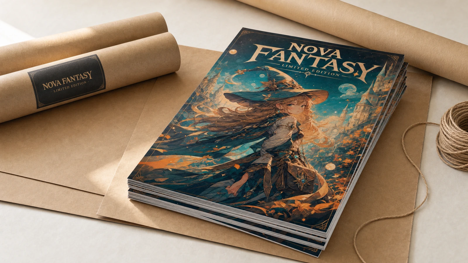 Pila di poster e materiali per la spedizione Pila di poster fantasy accanto a carta kraft, tubi per spedizione e spago