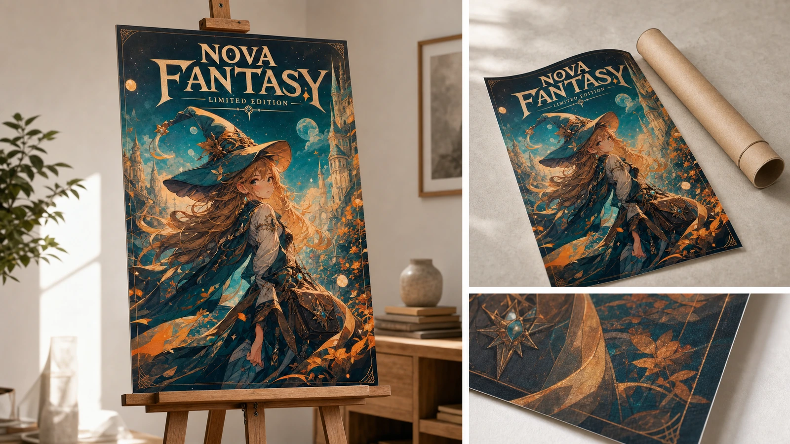 Espositore del poster, imballaggio e dettagli di stampa Poster fantasy esposto su un cavalletto, con dettagli dell'imballaggio e viste ravvicinate della stampa