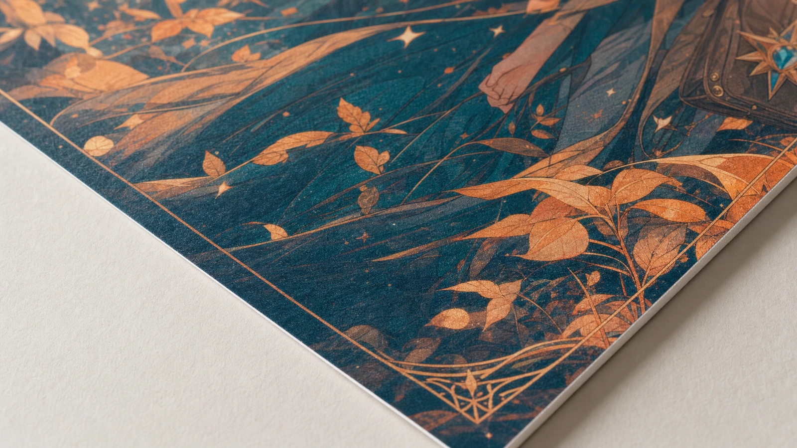 Dettaglio della stampa su poster cartaceo e del bordo Primo piano della grafica fantasy stampata e del bordo di un poster su carta