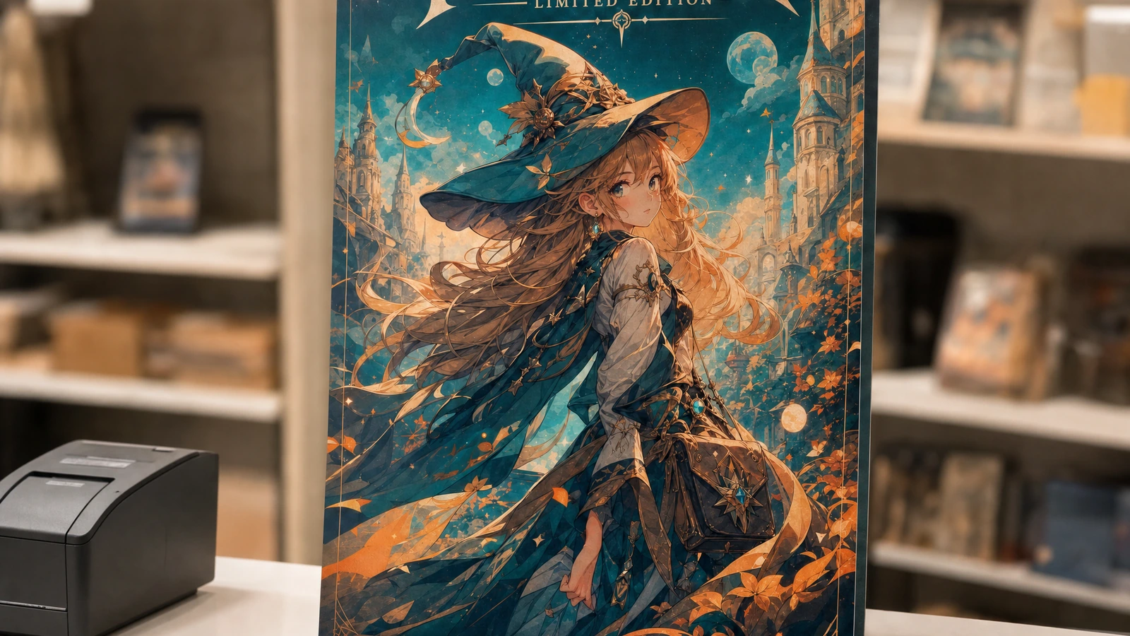 Espositore da banco con poster fantasy Poster d'arte fantasy in piedi su un banco vendita
