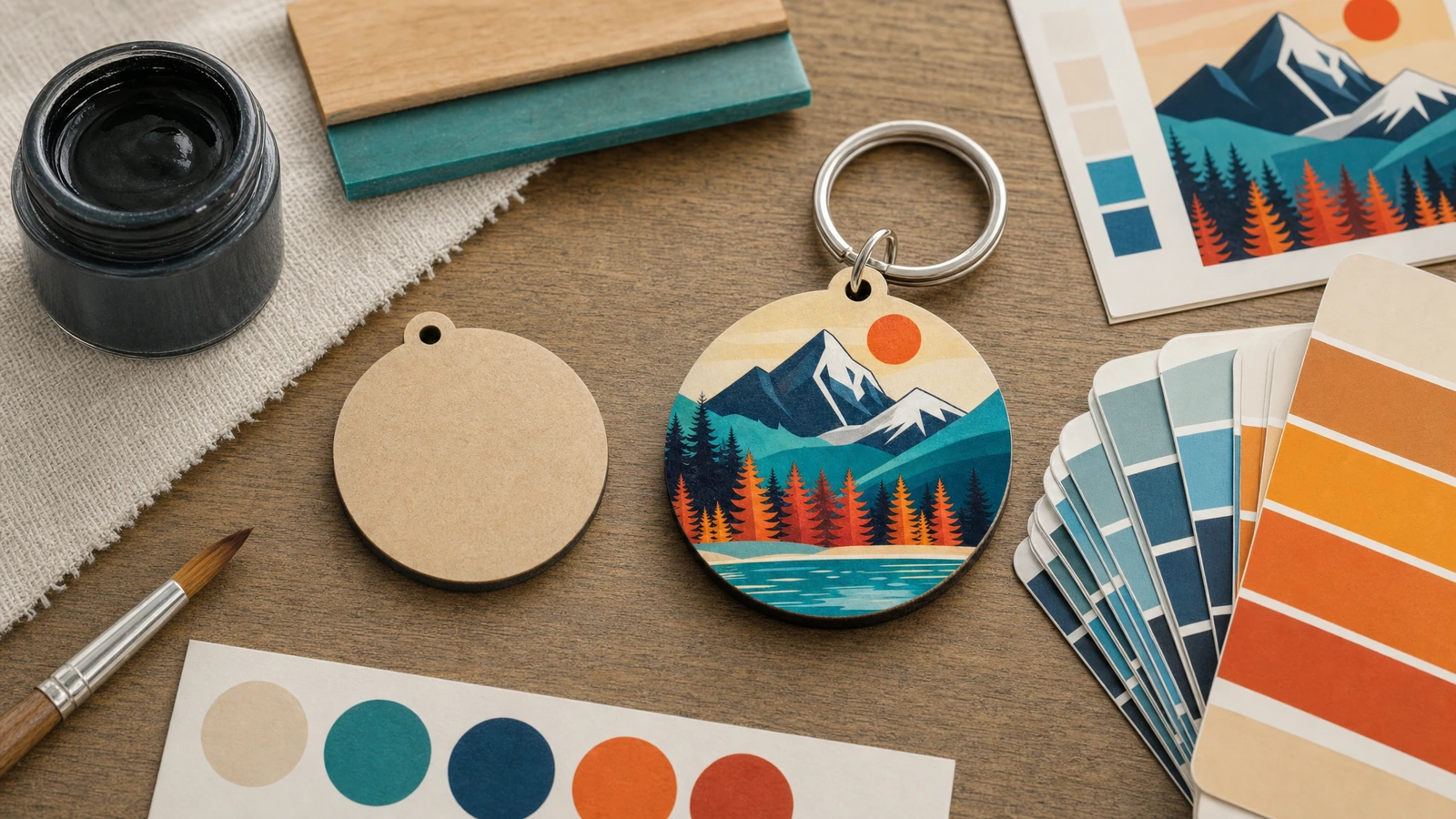 Illustrazione di un portachiavi tondo in MDF con grafica di montagna accanto a un disco vuoto, a una grafica e a campioni di colore