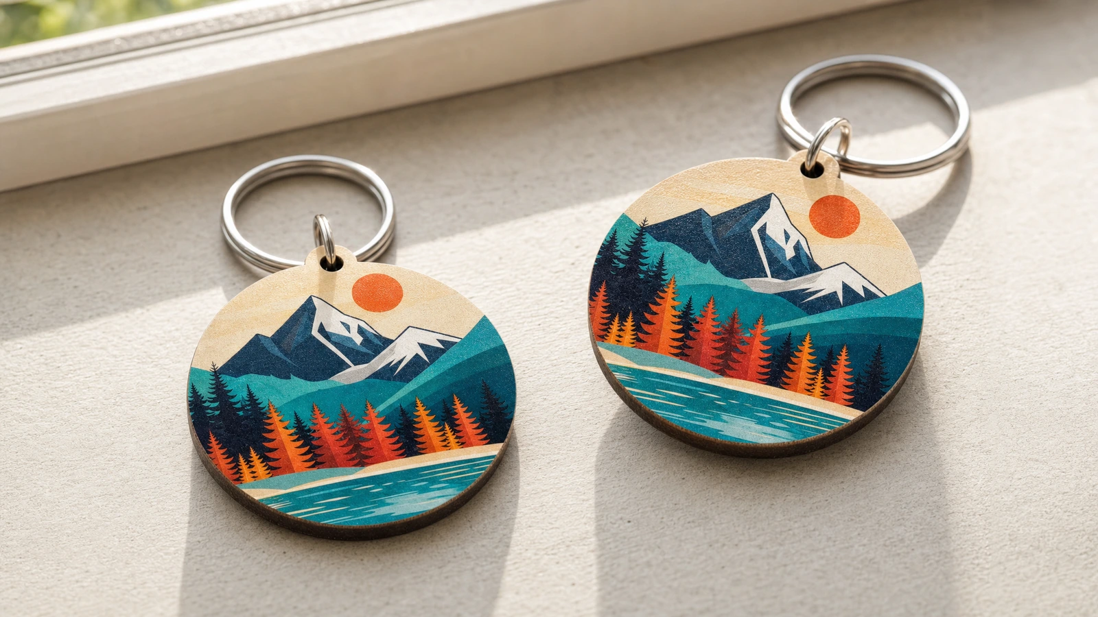 Illustrazione di una coppia di portachiavi con grafica di montagna e anelli metallici su un davanzale