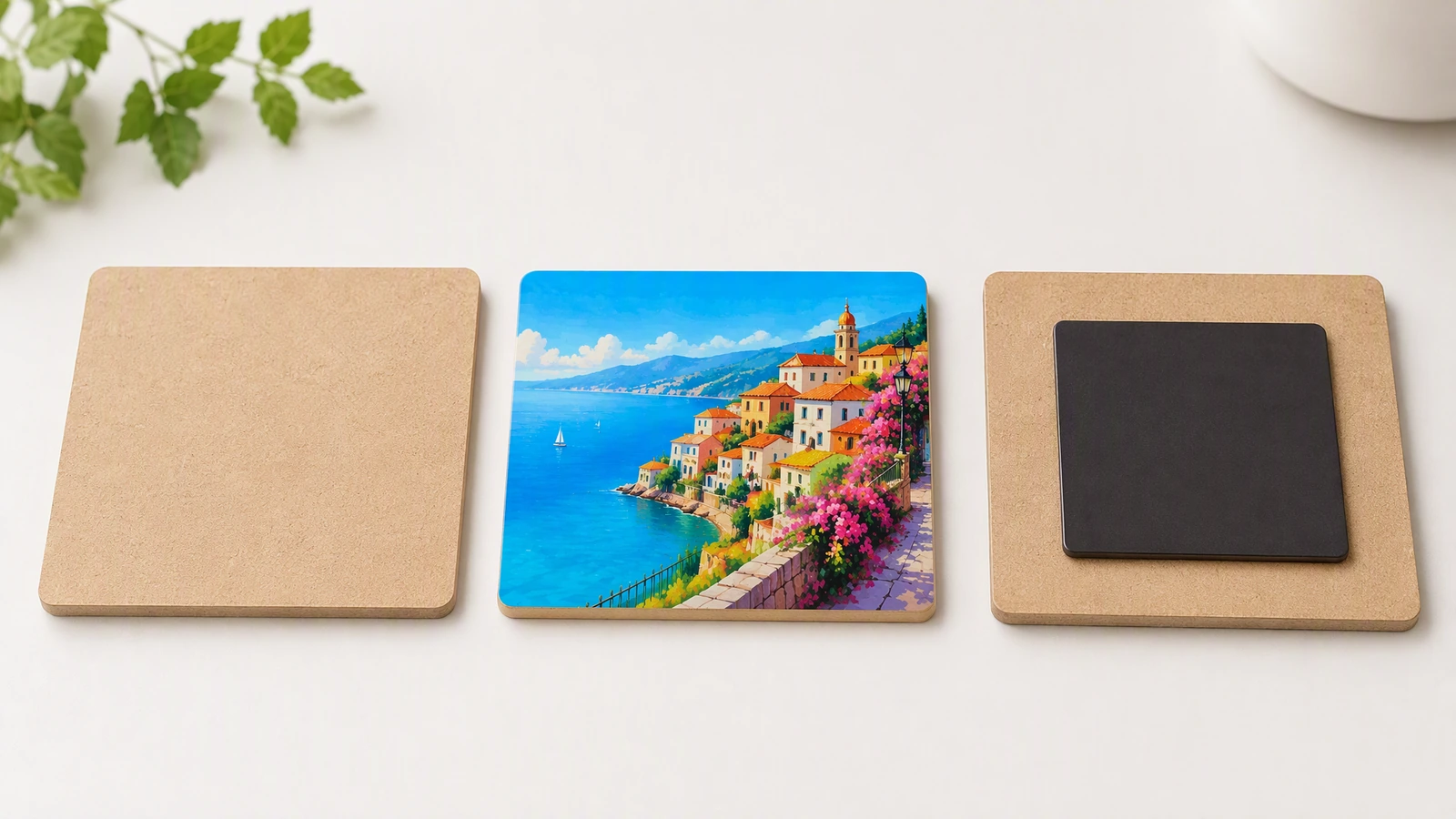 Visualizzazione illustrativa di un pezzo grezzo in MDF, con faccia stampata e retro con supporto posteriore nero