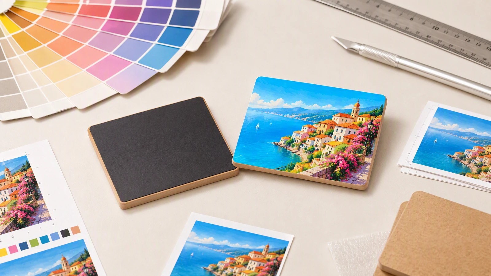 Calamita illustrativa in MDF stampata con scena costiera e retro, accanto a campioni di colore e riferimenti stampati