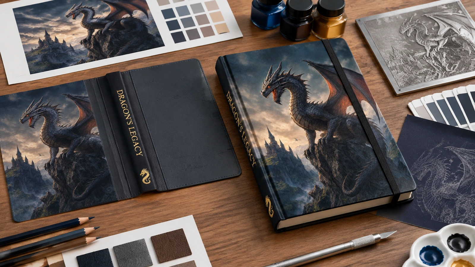 Opere grafiche e concept di copertina per quaderni con drago Quaderni illustrativi con motivo a drago accanto a opere grafiche, campioni di colore e strumenti per il disegno