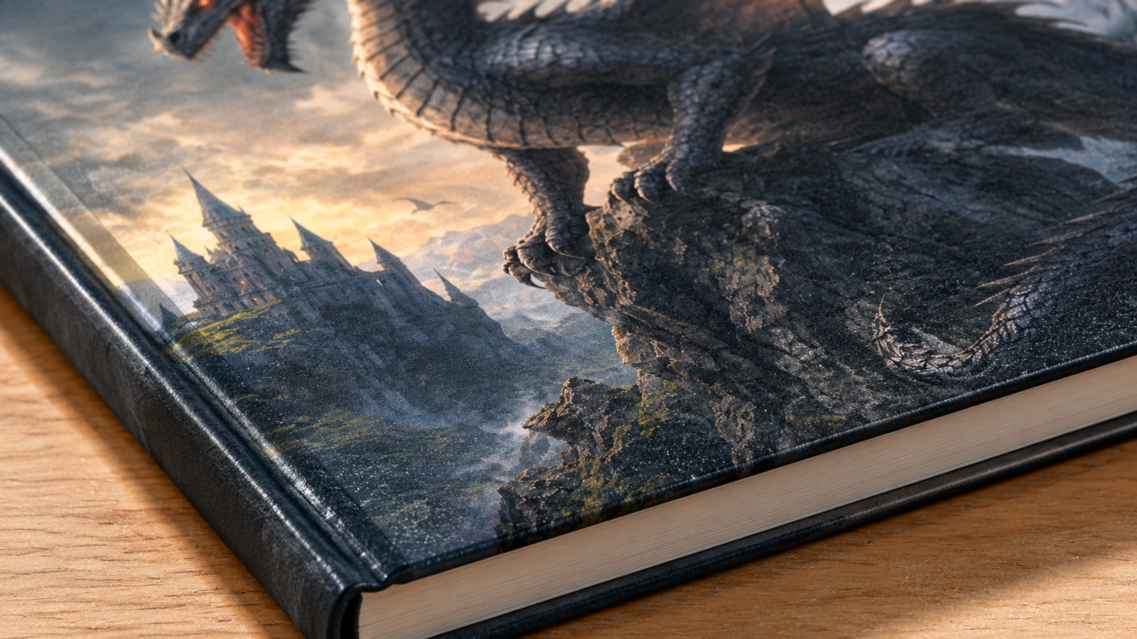 Dettaglio della copertina con drago e del dorso Primo piano illustrativo della copertina, del dorso e dei bordi delle pagine di un quaderno con stampa di drago