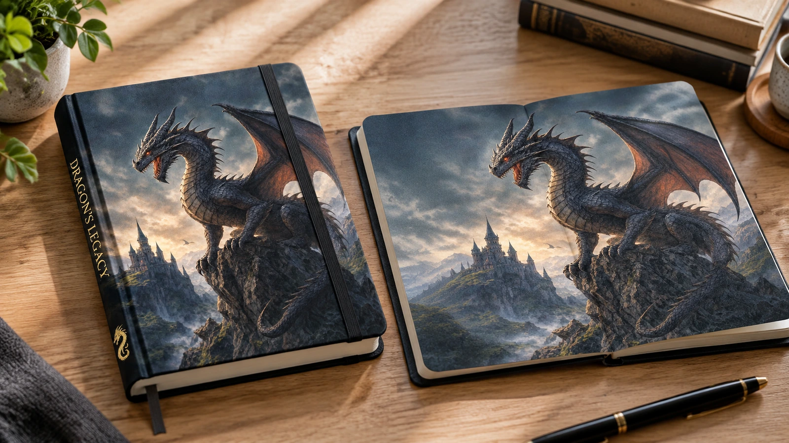 Quaderno con drago e doppia pagina illustrata Quaderno illustrativo con motivo a drago accanto a una doppia pagina aperta con paesaggio e drago su una scrivania in legno