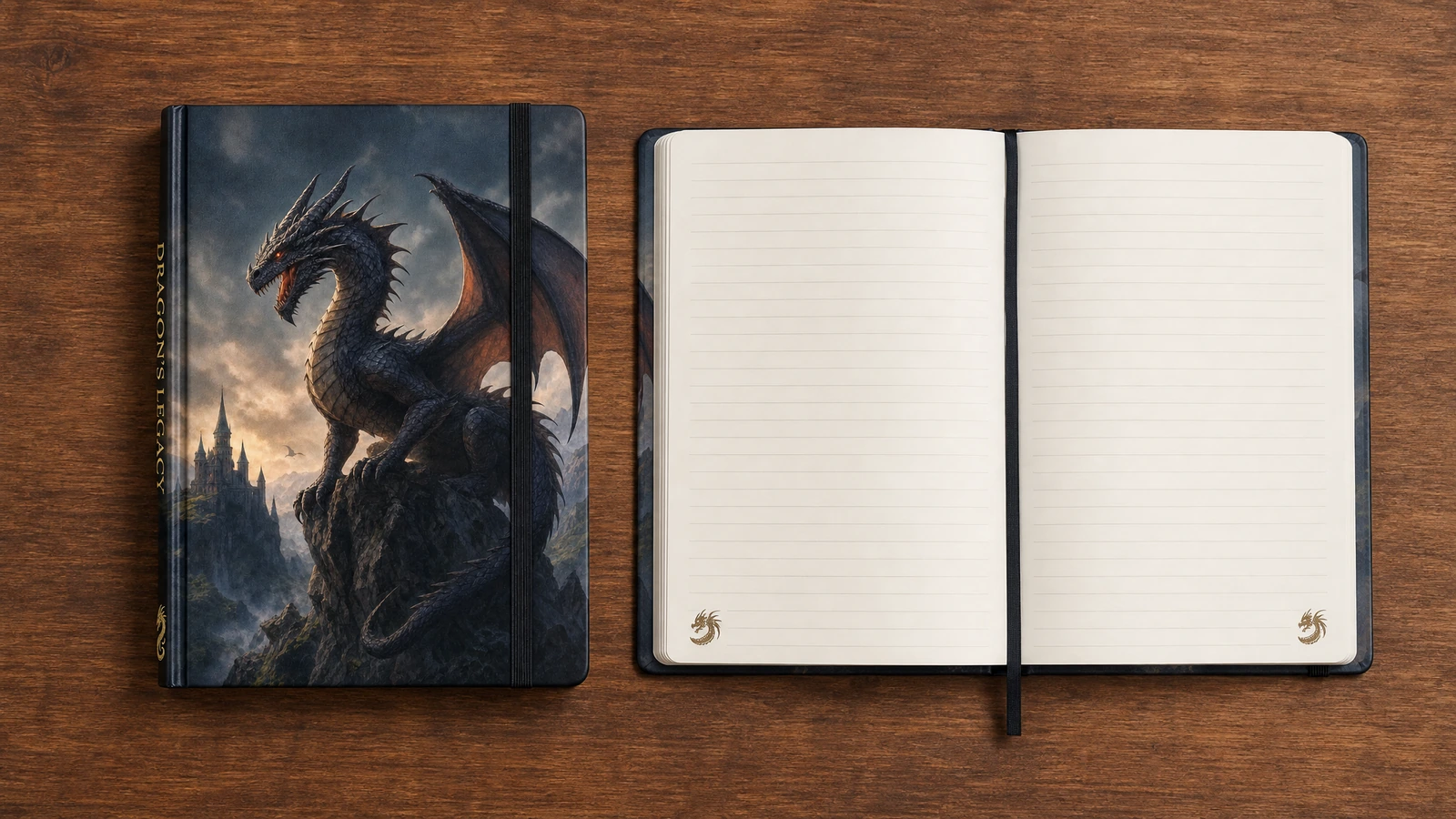 Copertina con drago e pagine a righe del quaderno Quaderno illustrativo chiuso con motivo a drago accanto a un quaderno a righe aperto con segnalibro a nastro