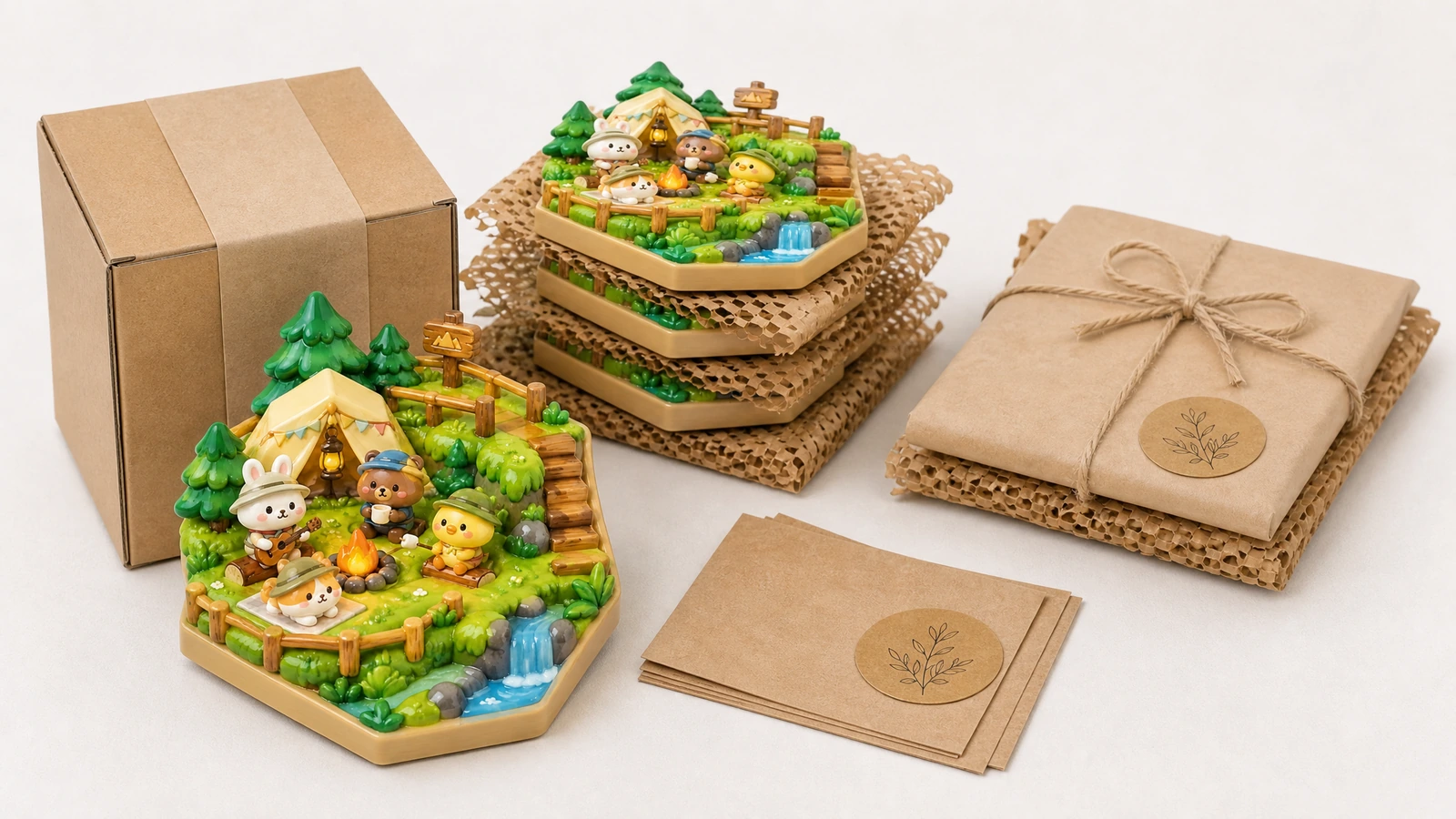 Concept di confezionamento della calamita con scena da campeggio Calamite con scena da campeggio in scatole marroni, carta a nido d'ape e confezioni avvolte
