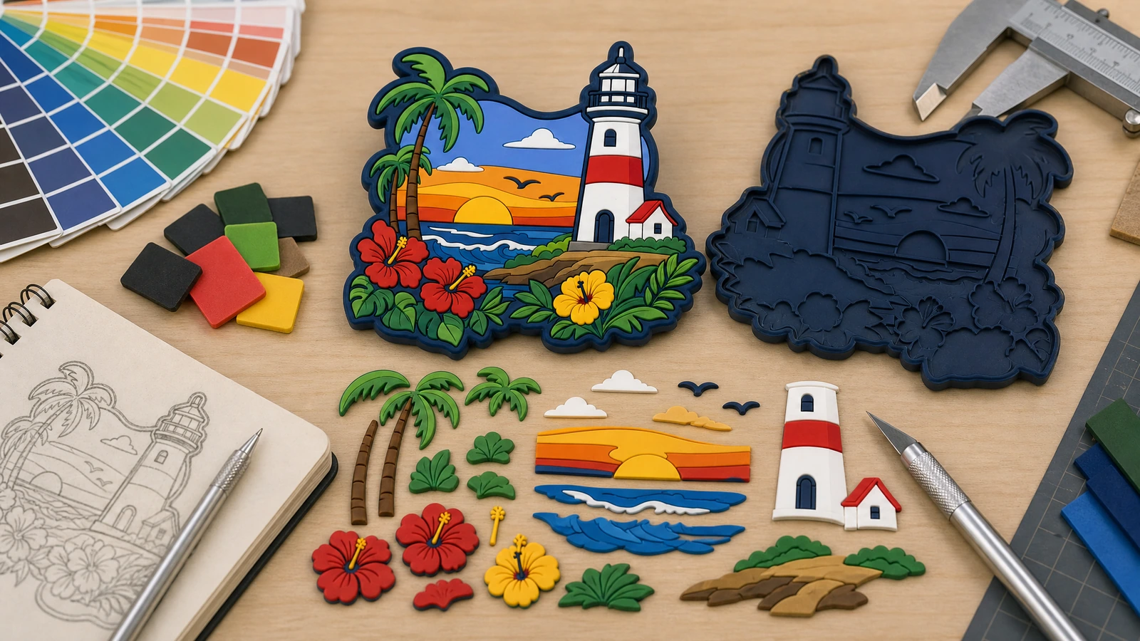 Magnete in PVC di design a faro illustrativo, faccia non colorata e pezzi di colore separati accanto a uno schizzo e a un calibro