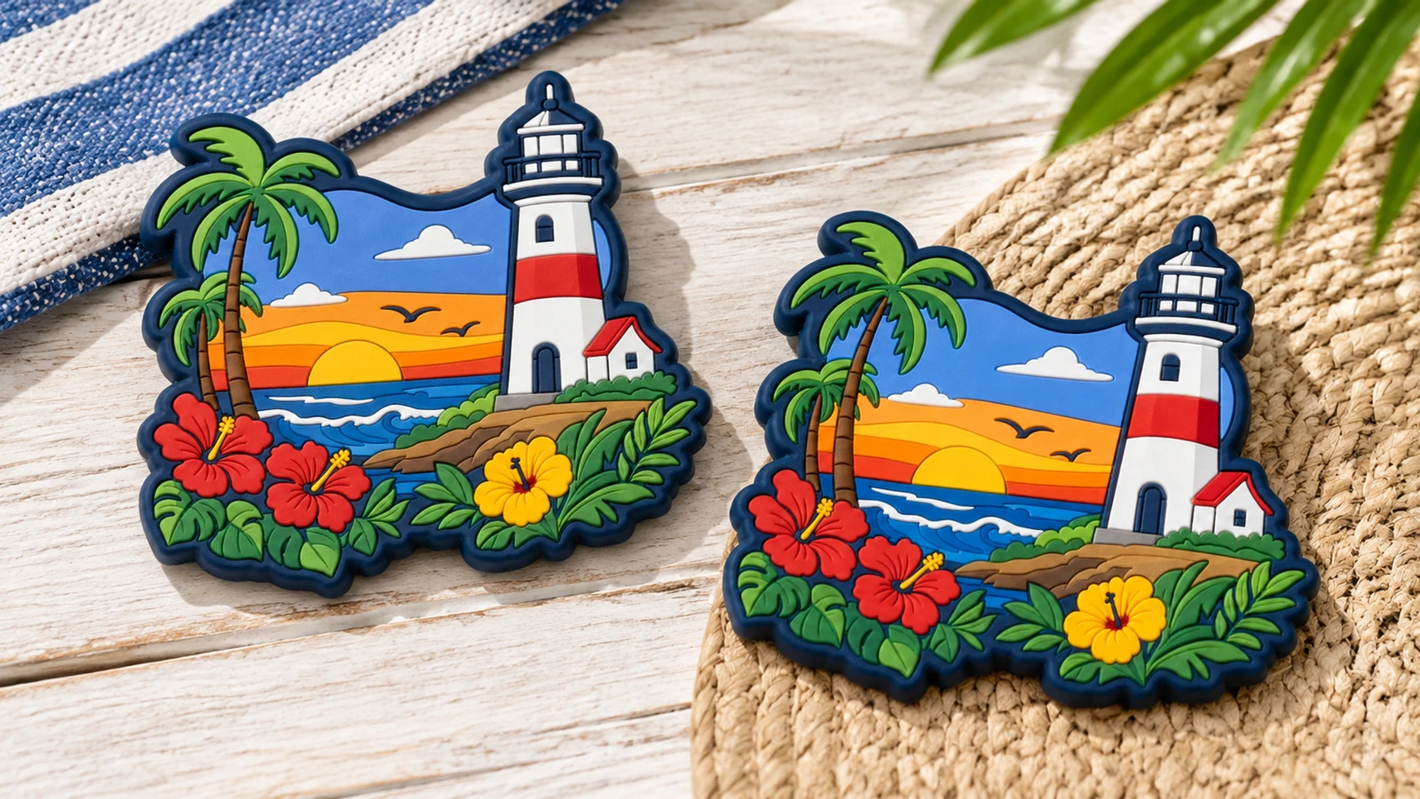 Coppia illustrativa di magneti in PVC di design a faro su legno e tessuto intrecciato