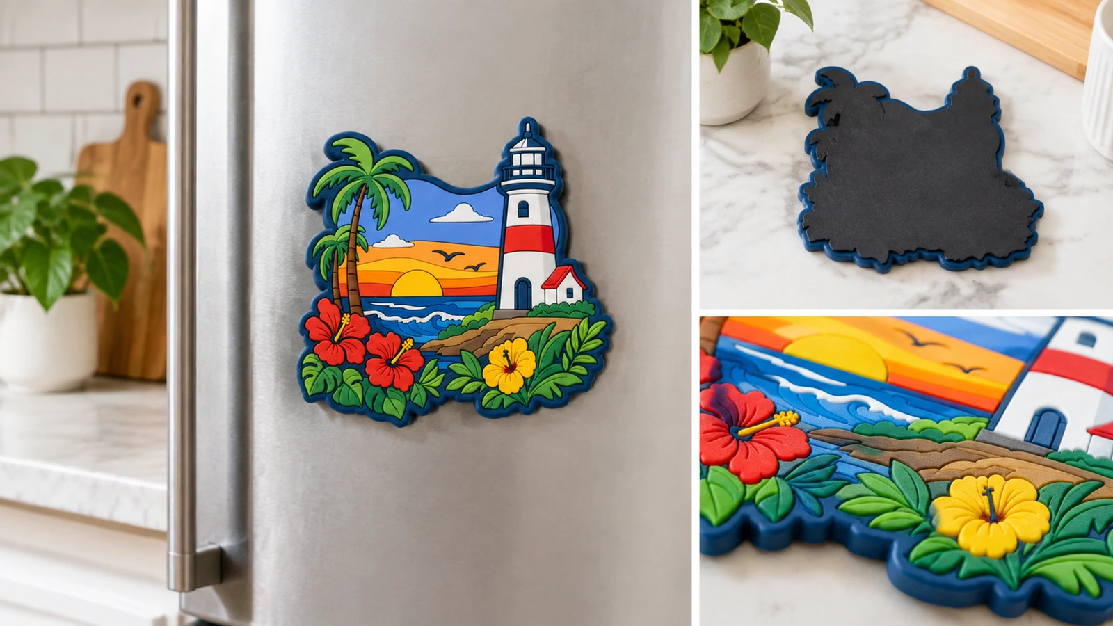 Collage illustrativo di un magnete a faro su un frigorifero, retro e dettaglio stampato