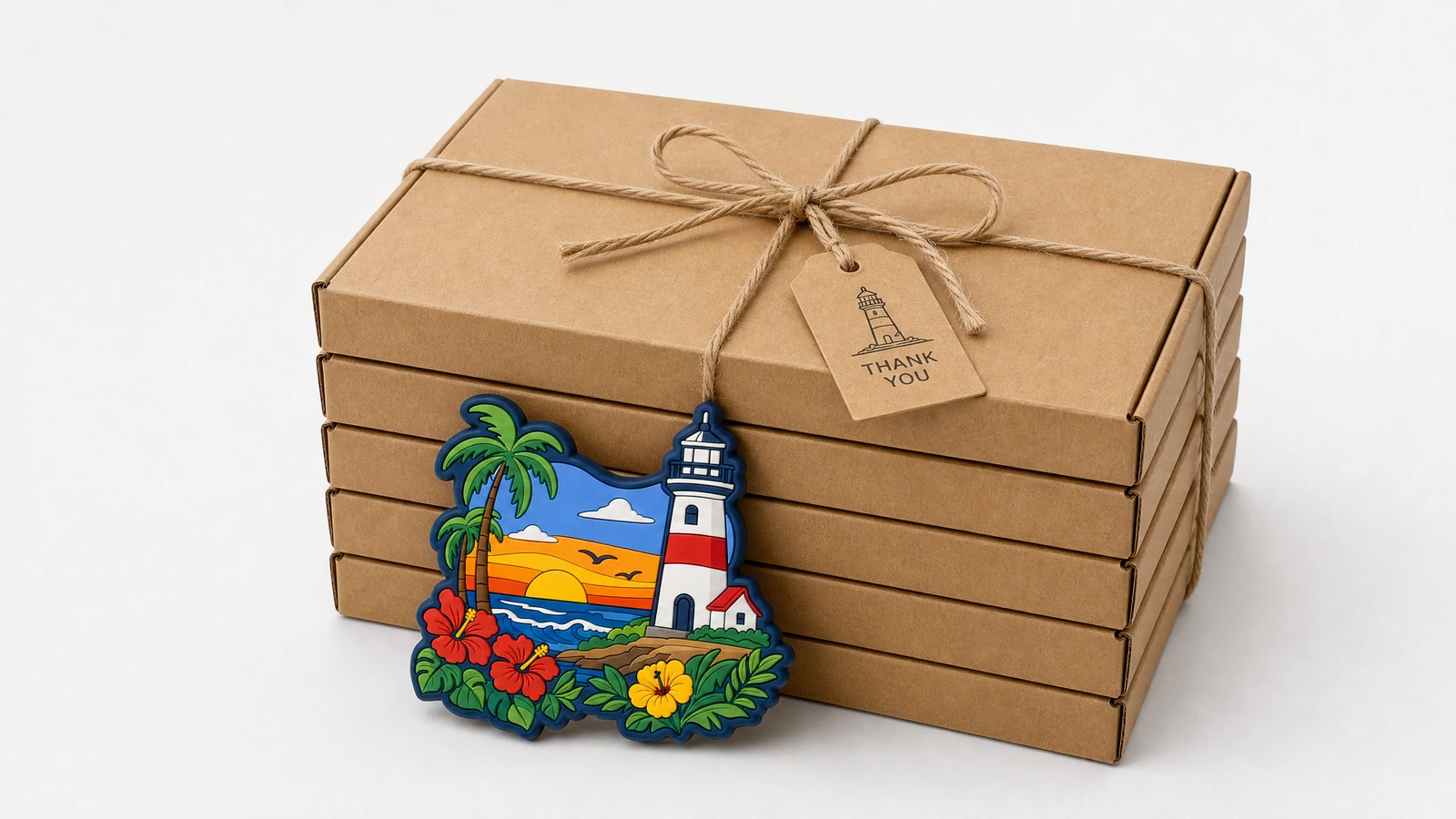 Magnete illustrativo di design a faro accanto a scatole regalo in kraft impilate e legate con spago