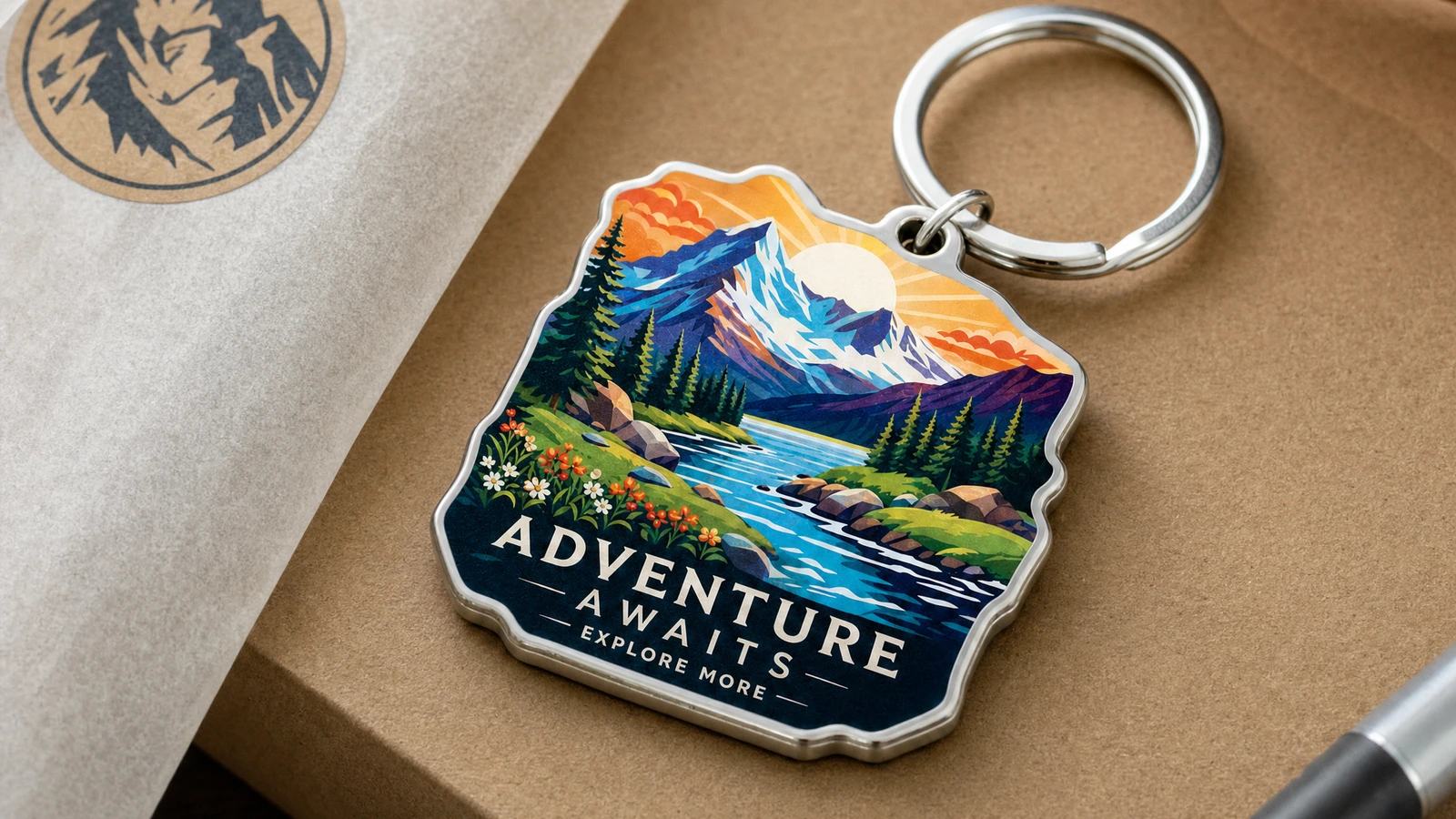 Portachiavi con paesaggio montano e anello portachiavi argentato su carta kraft