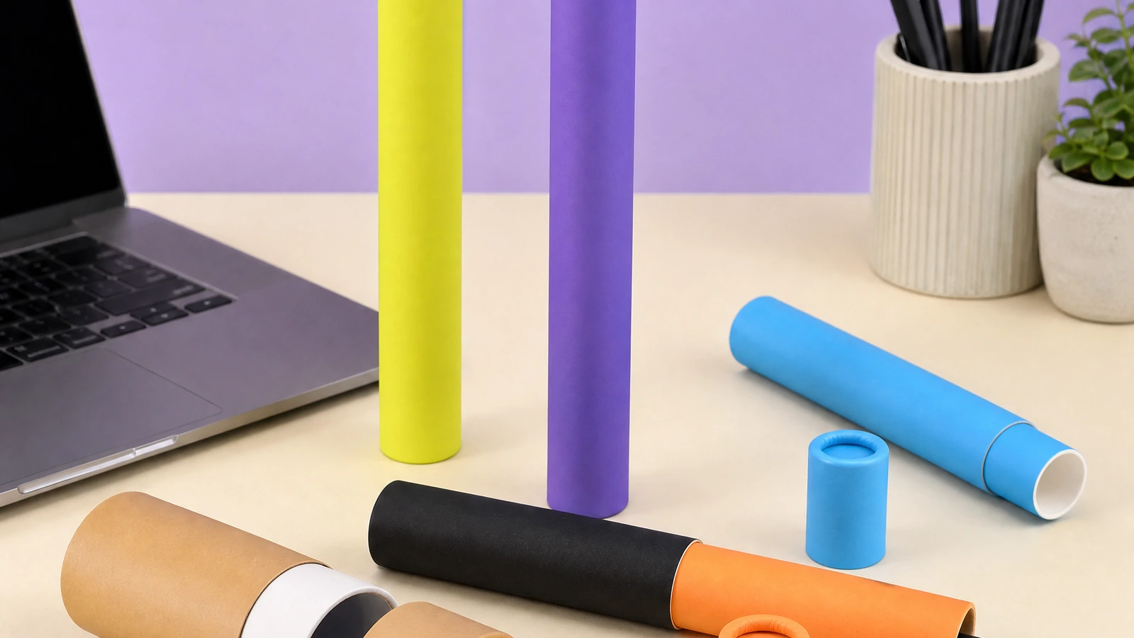 Tubi cilindrici di colori vivaci e kraft con estremità aperte e chiuse su una scrivania