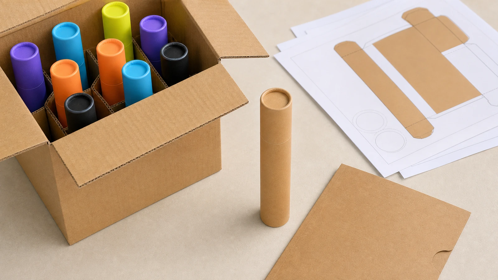 Tubi colorati disposti in verticale in un cartone accanto a un tubo kraft e a un disegno del cartone