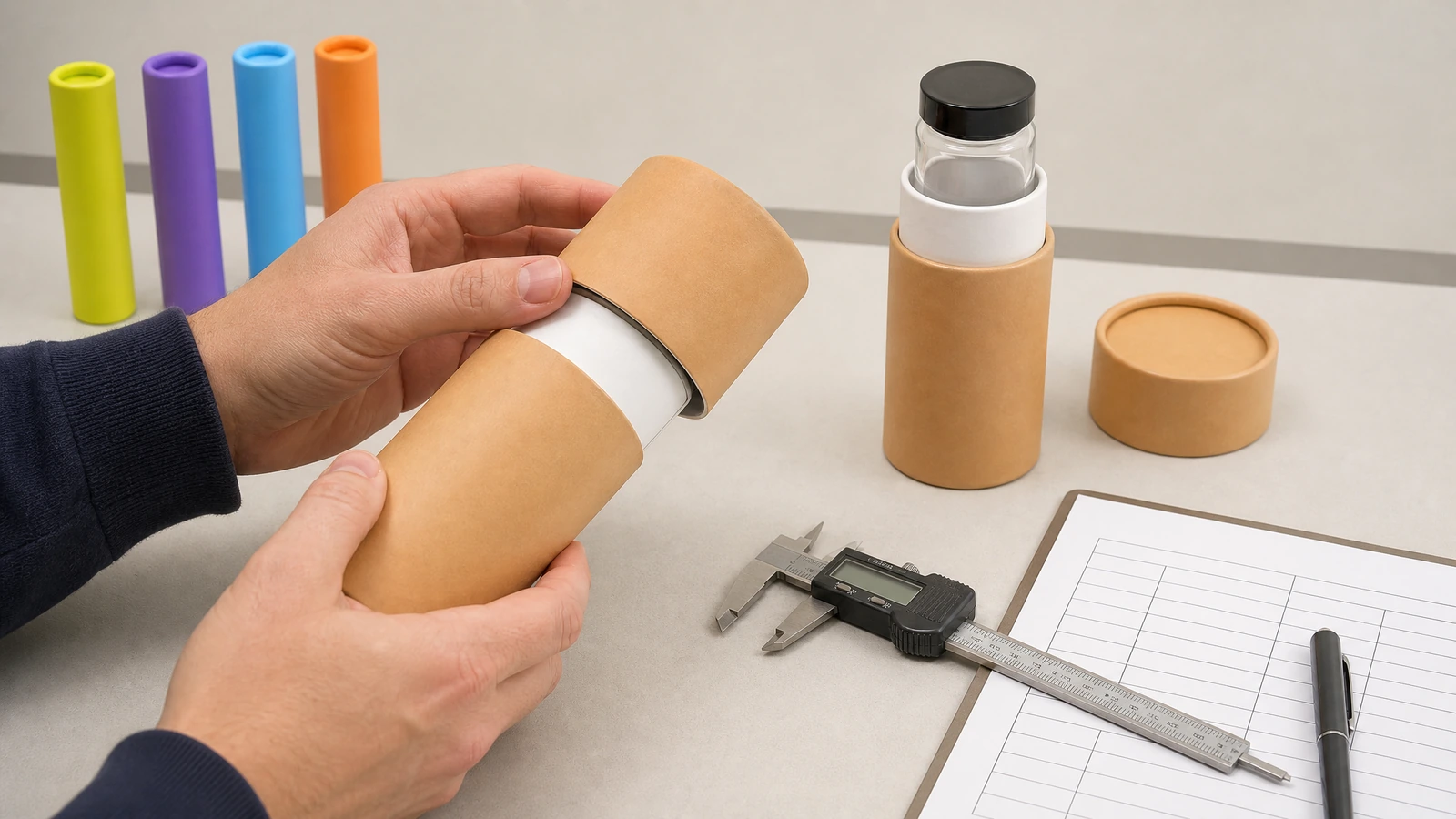 Mani che tengono un tubo kraft e un coperchio accanto a una bottiglia dentro un altro tubo, strumenti di misura e un foglio di registrazione
