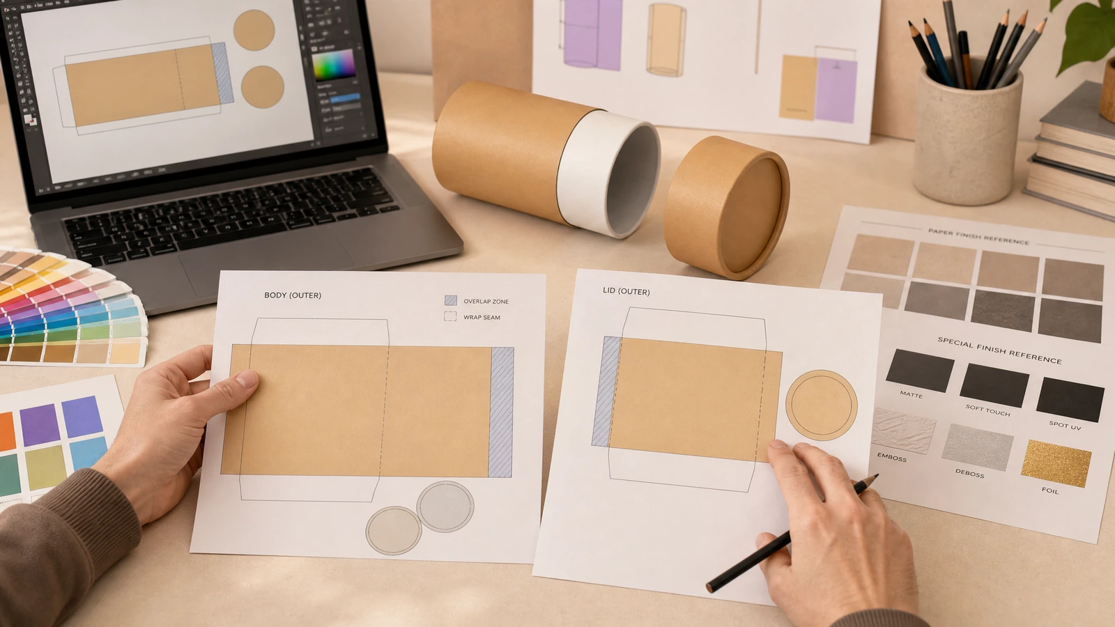Mani che esaminano fogli grafici del corpo e del coperchio accanto a un portatile, campioni di materiale e un tubo kraft aperto